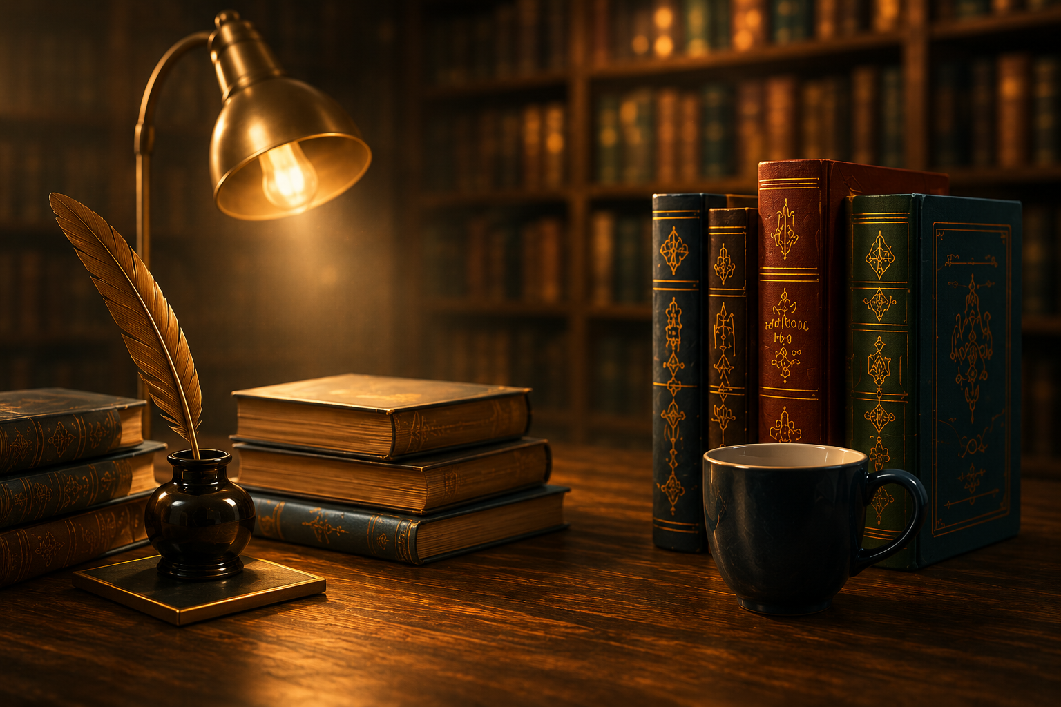 A reading desk — lamp, quill and bound volumes